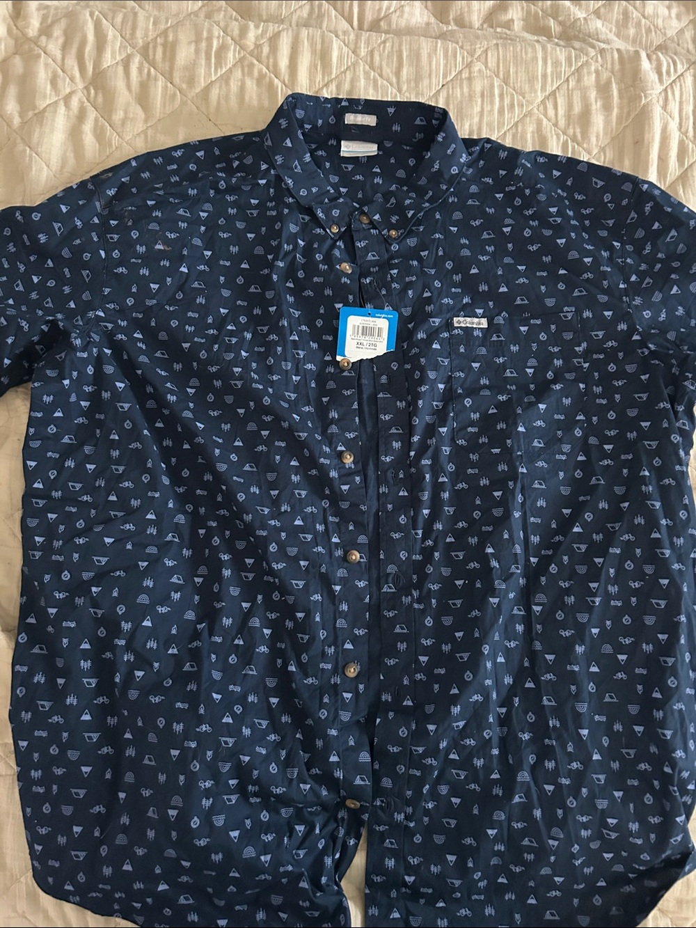 Columbia Navy Short-Sleeve Button Down with Light Blue Outdoor Icons